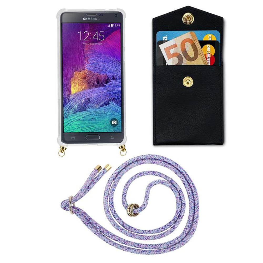 Uno smartphone con custodia, portafoglio nero con soldi e carte, e un laccio.