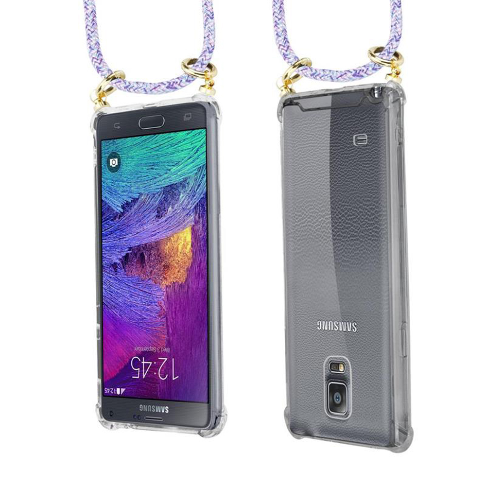 Una custodia trasparente per telefono con cordino viola, mostrata fronte e retro.