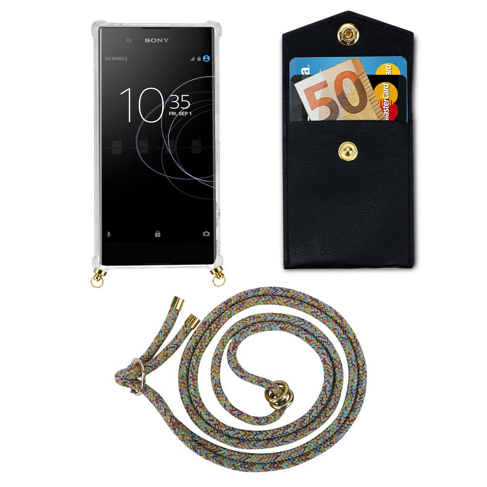 Sony Smartphone mit transparentem Case, schwarzer Kartenhalter und bunter Kordel.