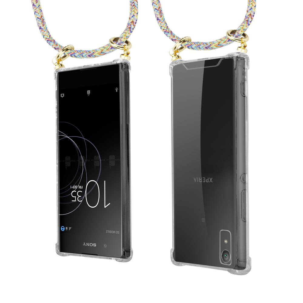 Zwei Smartphones in durchsichtigen Hüllen mit bunten Lanyards, Vorder- und Rückansicht.