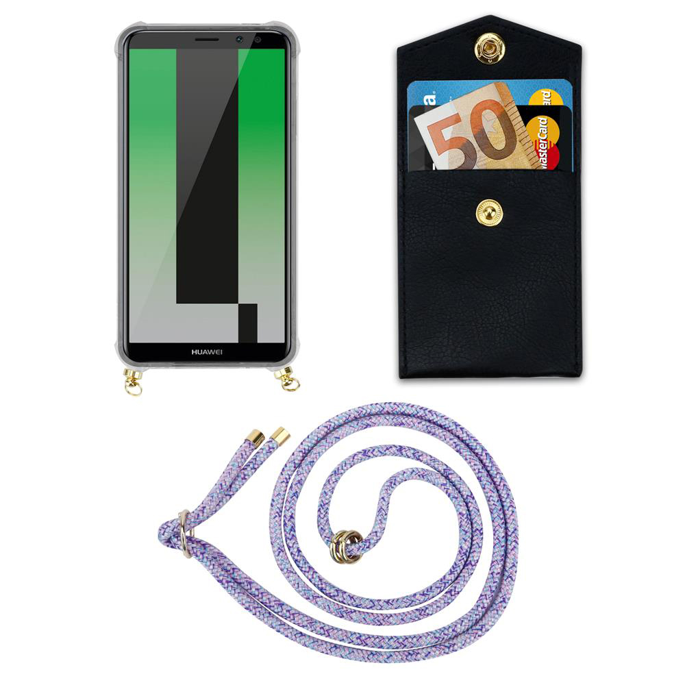Smartphone con custodia, portacarte nero con soldi e carte, cordoncino viola.