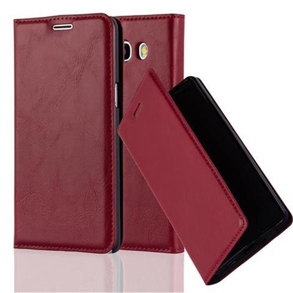 Custodia in pelle rossa con uno smartphone, mostrata aperta.