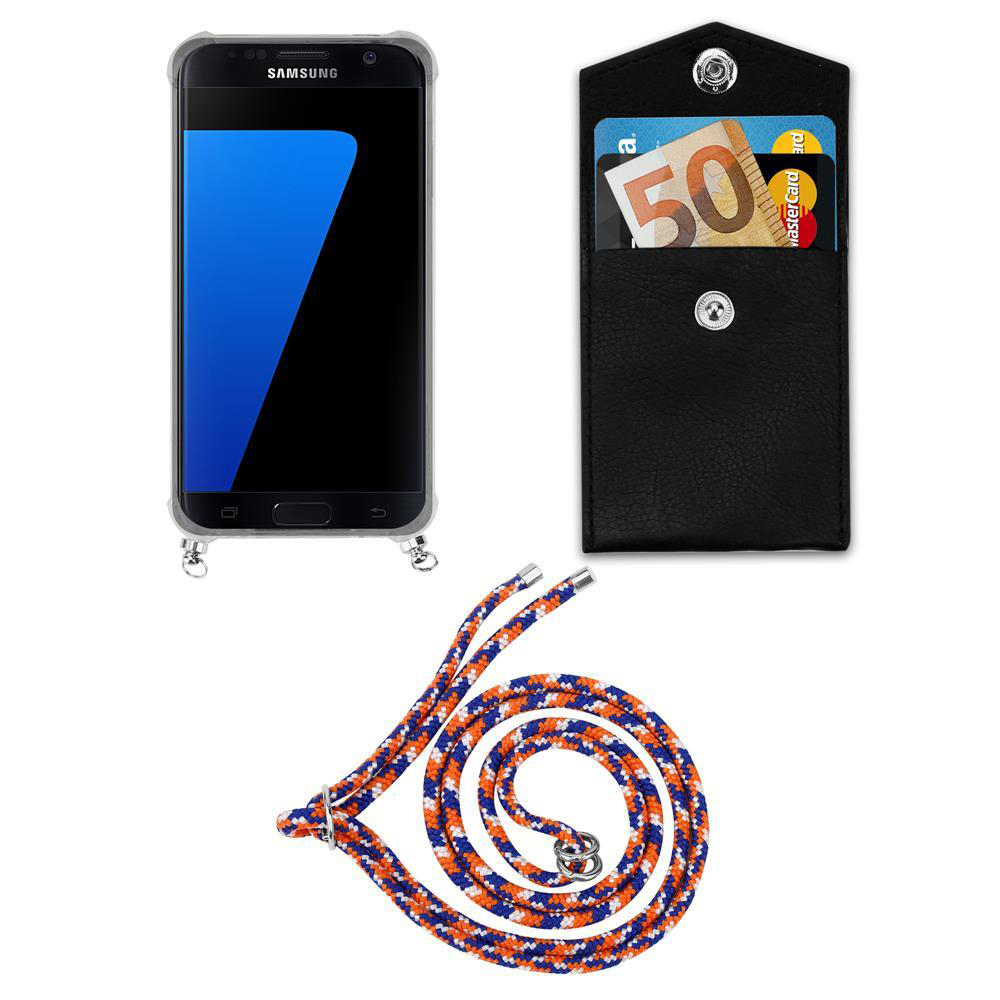 Telefono Samsung in custodia nera, portafoglio con banconota da 50 euro e carte, cordino.