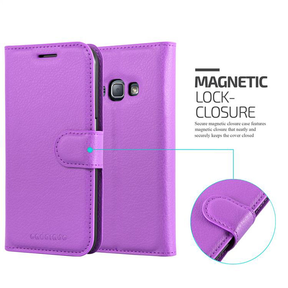 Custodia viola a libro per telefono con chiusura magnetica e foro per fotocamera.