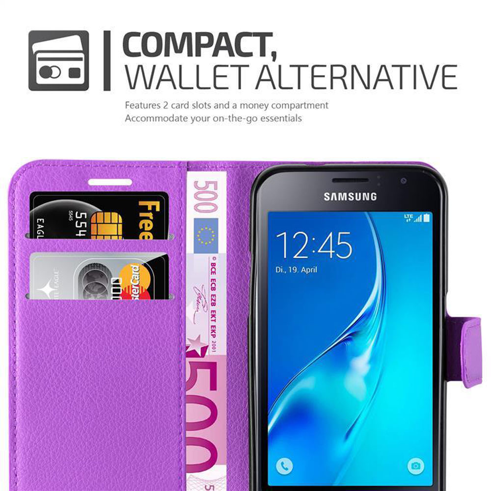 Custodia viola per telefono con slot per carte e scomparto per contanti.