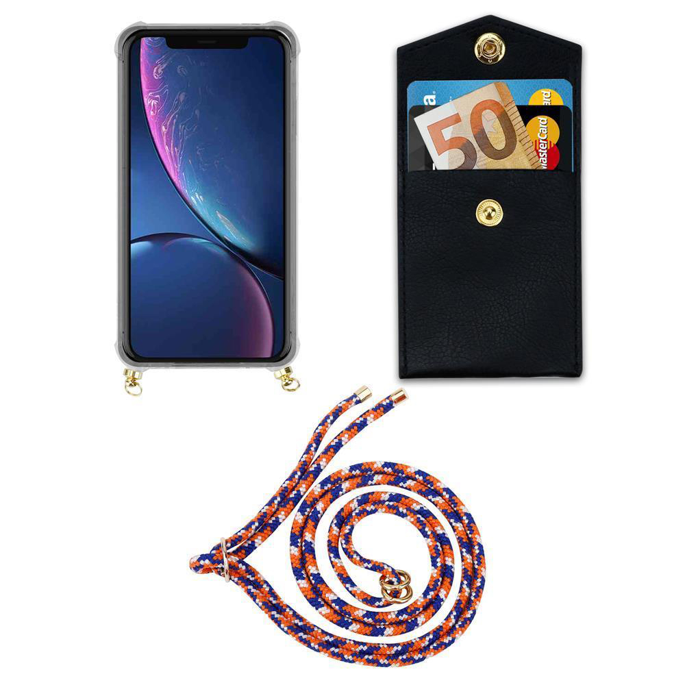 Uno smartphone in custodia trasparente, un porta-carte nero con banconota da 50€ e cordino intrecciato.