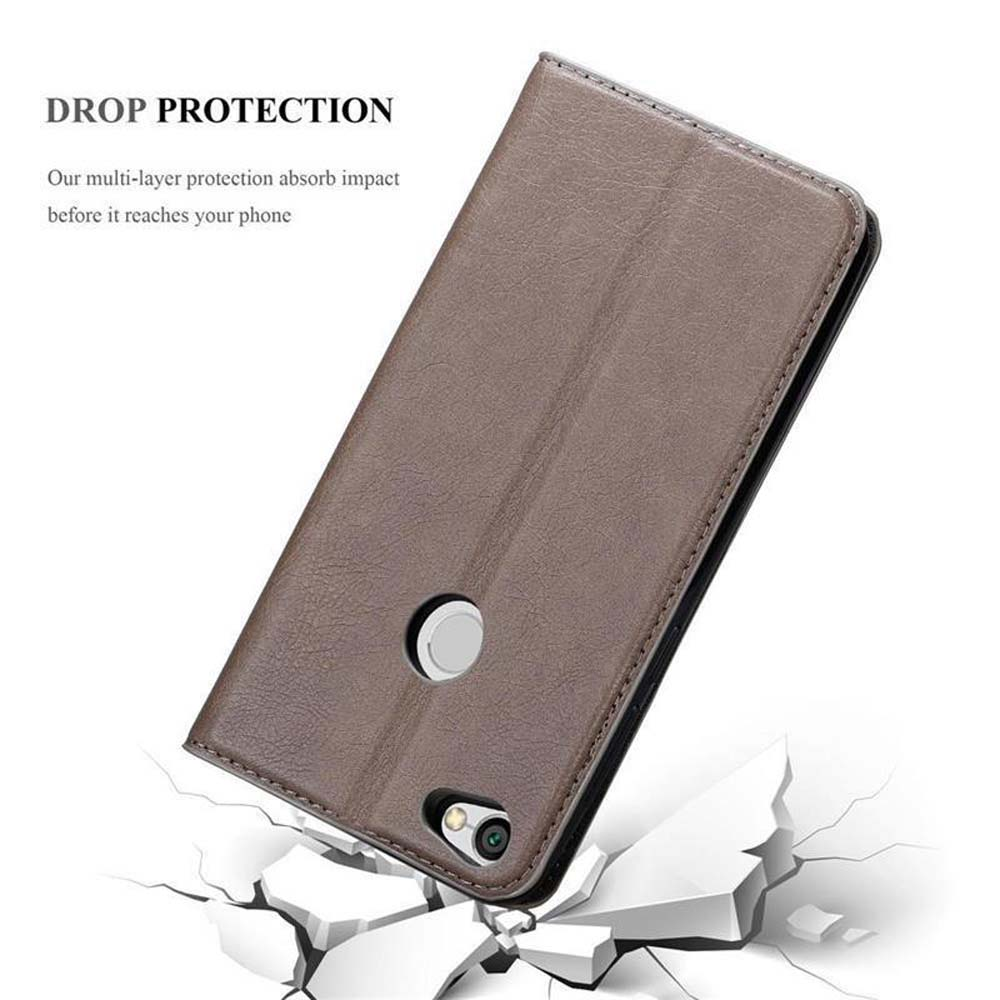 Custodia marrone per telefono con ritagli per fotocamera e sensore.