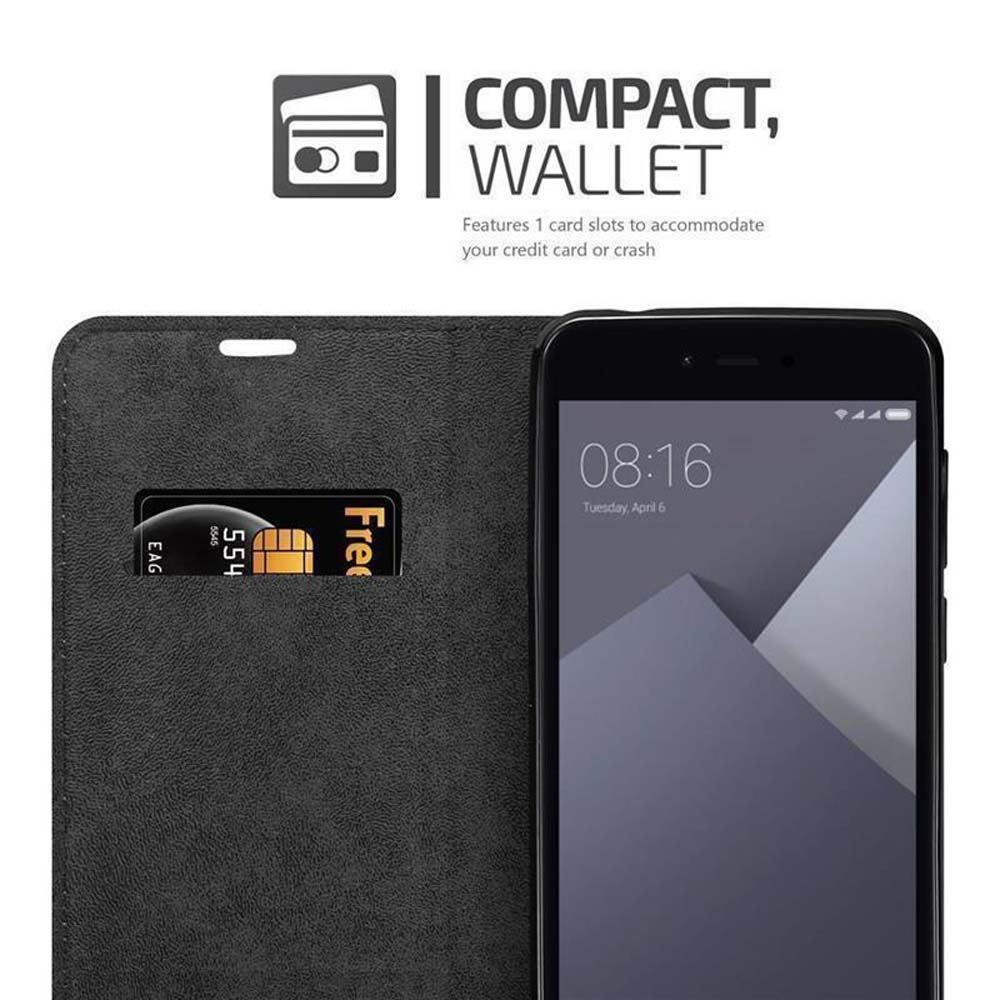 Custodia nera per telefono con slot per carte, che mostra un telefono con la schermata principale.