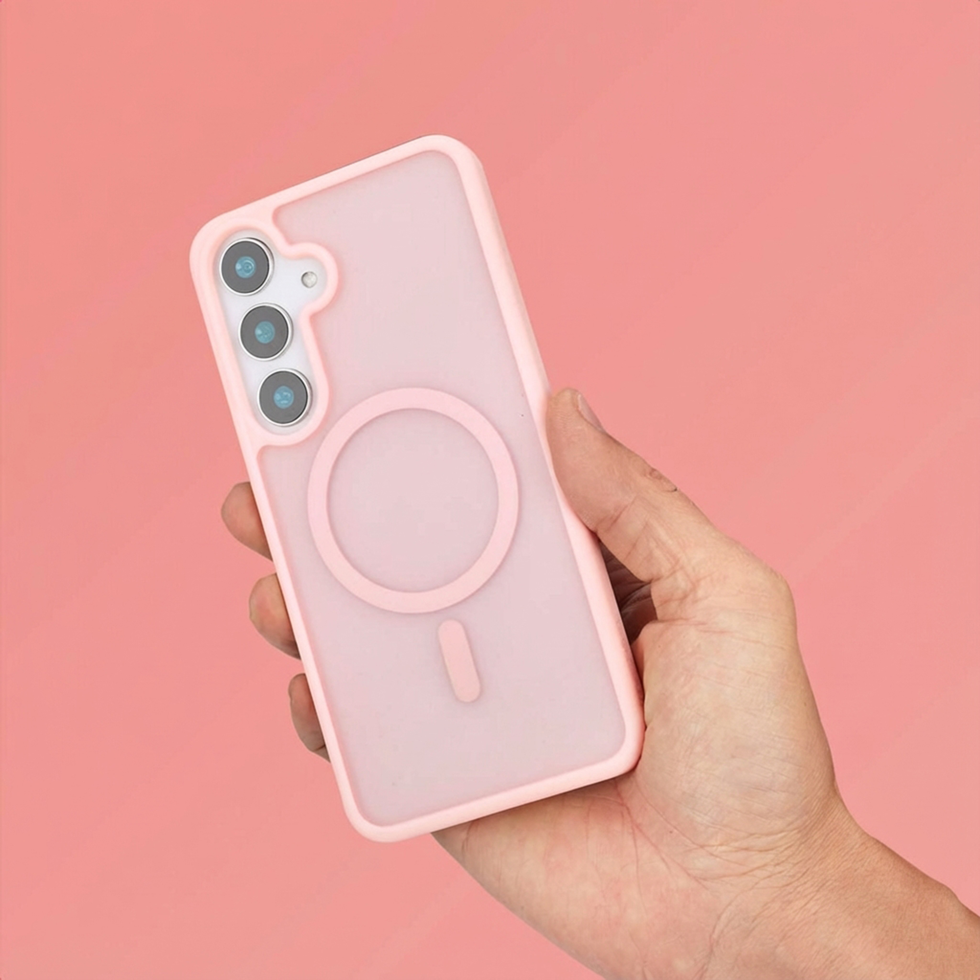 Een hand houdt een roze telefoonhoesje vast met drie camera's en een magische cirkel.