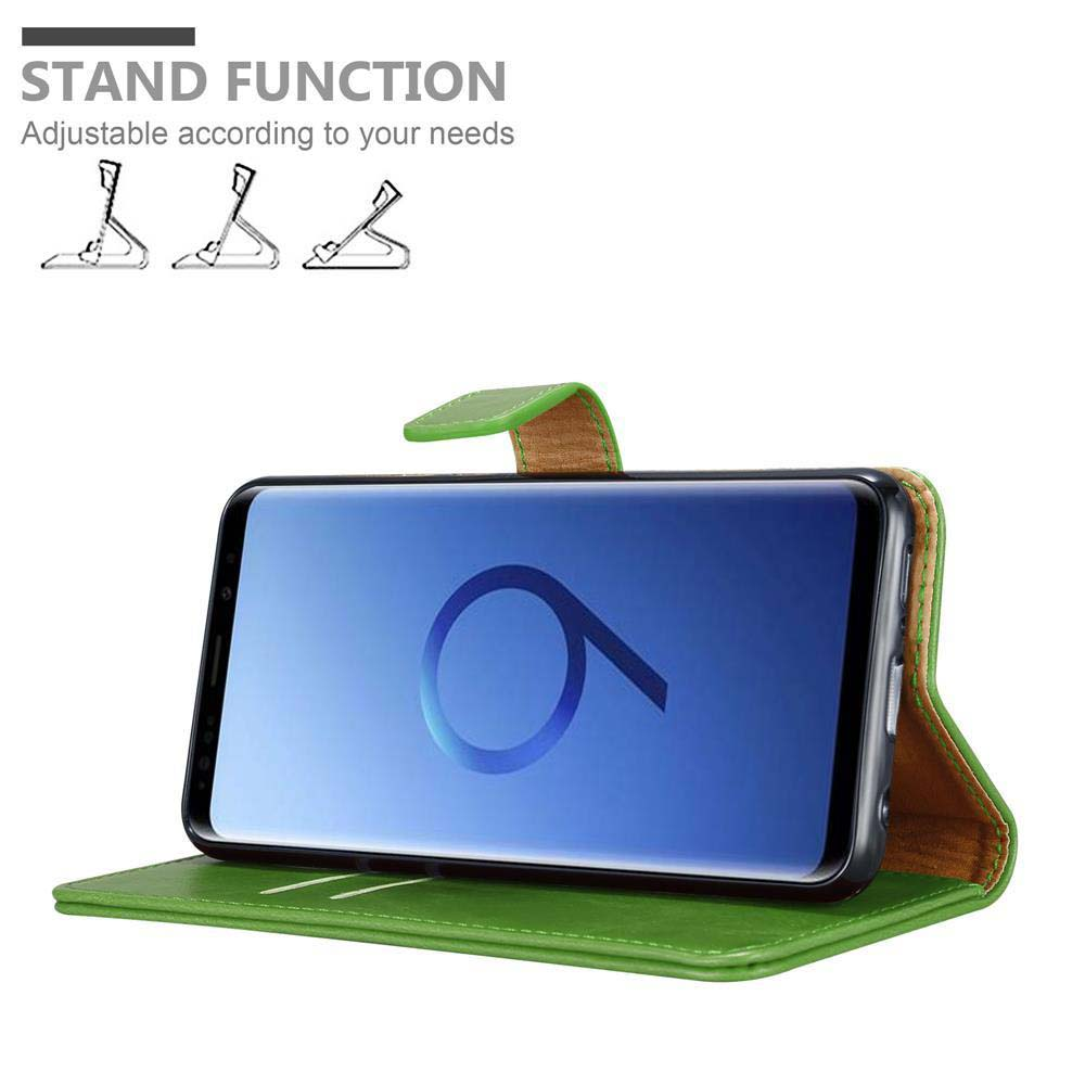 Custodia verde per telefono con funzione stand, mostra tre posizioni.