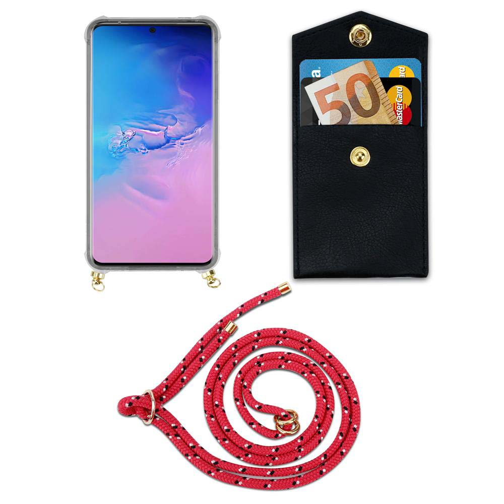 Smartphone in custodia con cordino, portafoglio nero con soldi e carte.