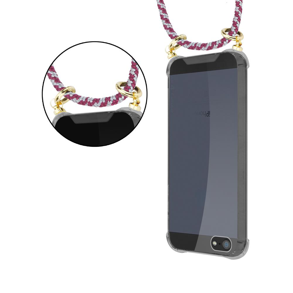 Una custodia trasparente per iPhone con un cordino intrecciato rosso e bianco.