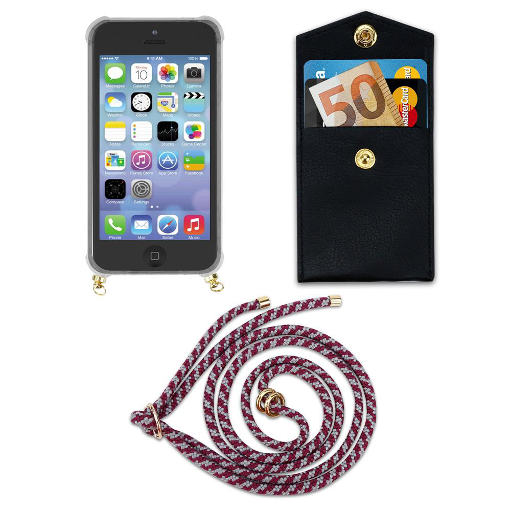 Un iPhone in custodia, un portafoglio nero con carte e denaro, e un cordone.