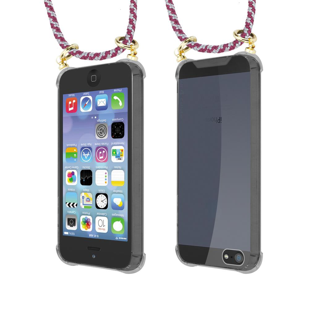 Due iPhone con cordini. Uno mostra la schermata Home, l'altro il retro.