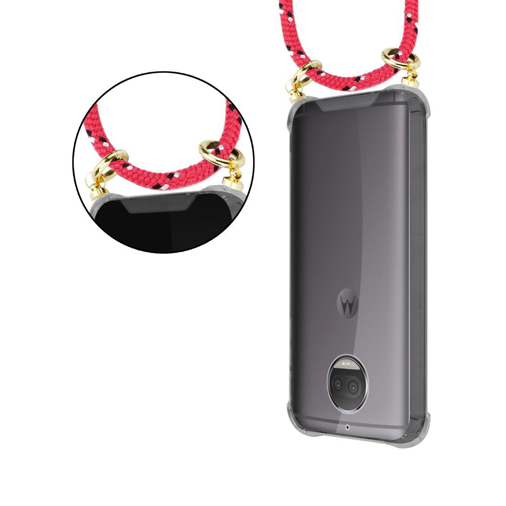 Una cover trasparente per telefono con tracolla rossa e anelli dorati, indossata a spalla.