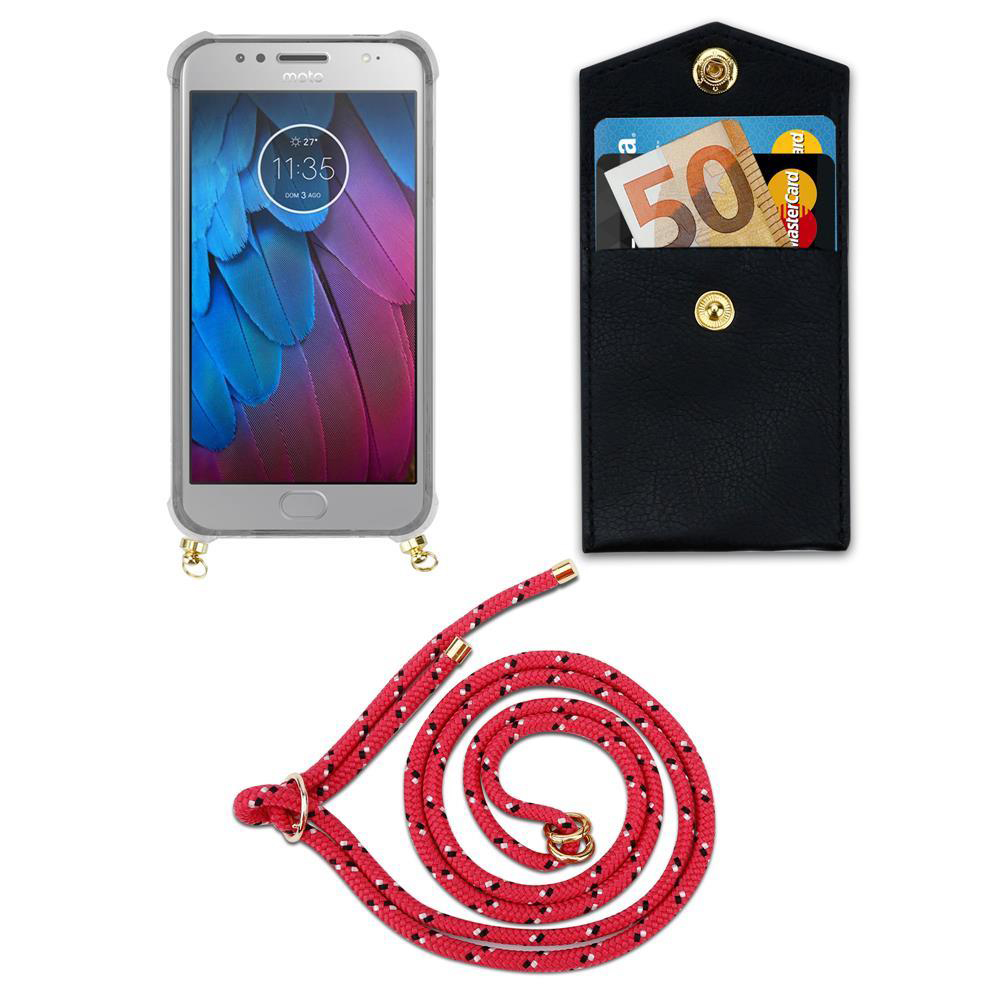 Smartphone con custodia, porta carte nero con soldi e carte, corda rossa.