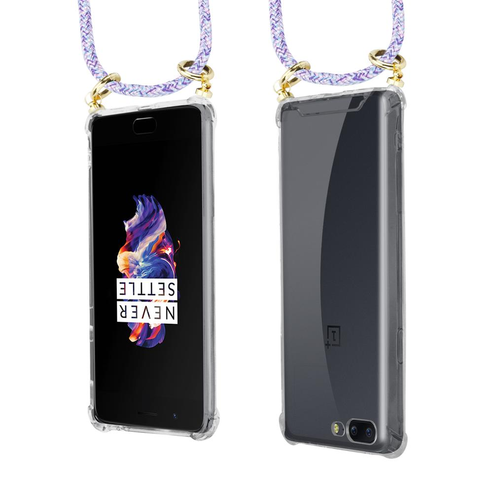 Ein Smartphone mit transparentem Case und Lanyard, Vorder- und Rückansicht.