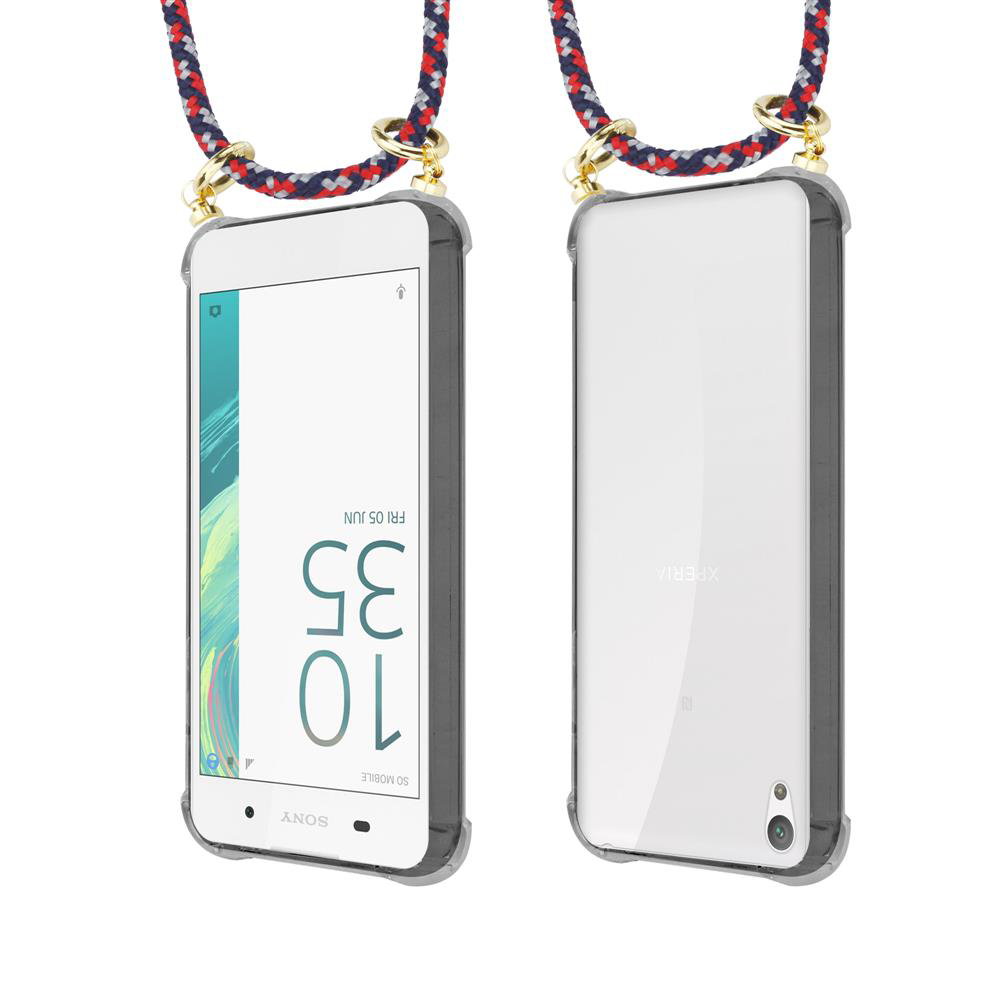 Zwei weiße Smartphones mit Lanyards, eines zeigt Uhrzeit 10:35 und Datum.