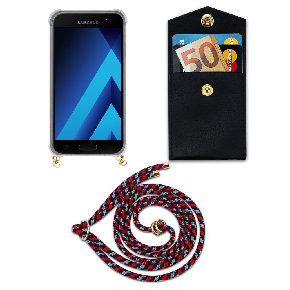 Uno smartphone in custodia, un portafoglio con soldi e carte, e un cordino.