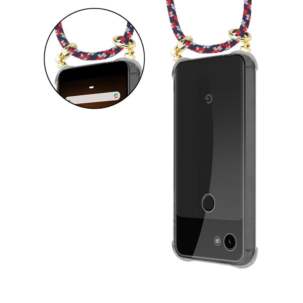 Ein Smartphone mit einem transparenten Gehäuse und Lanyard. Nahaufnahme der Rückseite.