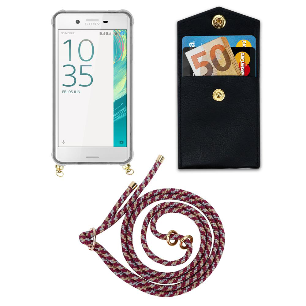 Sony Smartphone mit Hülle, schwarzes Etui mit Geld und Karten, bunte Kordel.