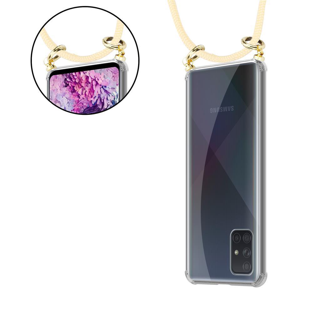 Un telefono Samsung in una custodia trasparente con laccetto.