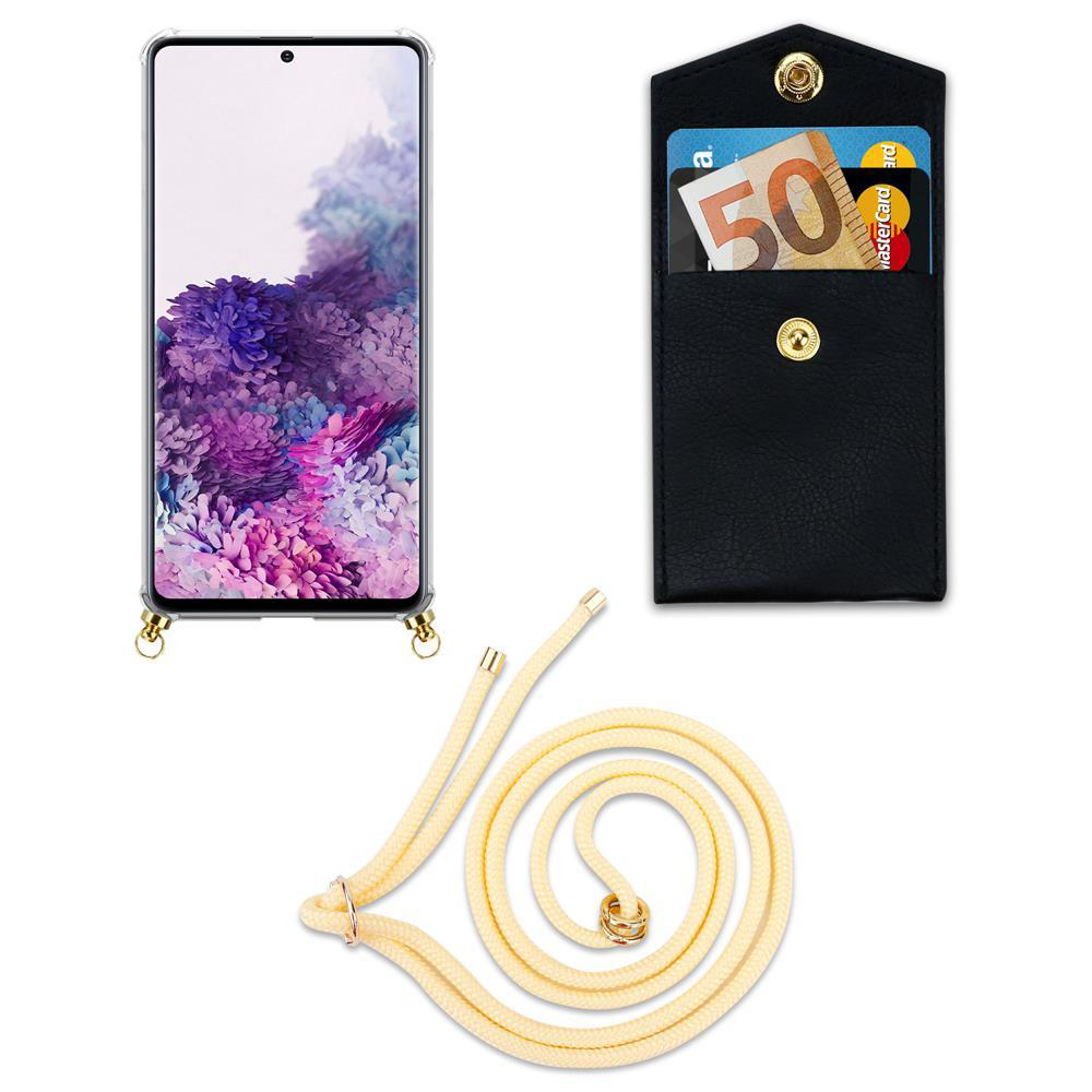 Uno smartphone con sfondo floreale, un portafoglio nero con soldi e carte, e un laccio.
