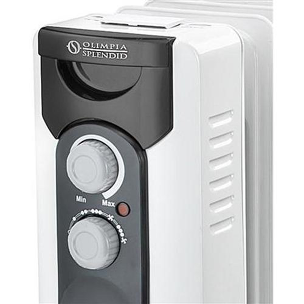 Biały grzejnik olejowy z czarnymi pokrętłami i logo Olimpia Splendid.