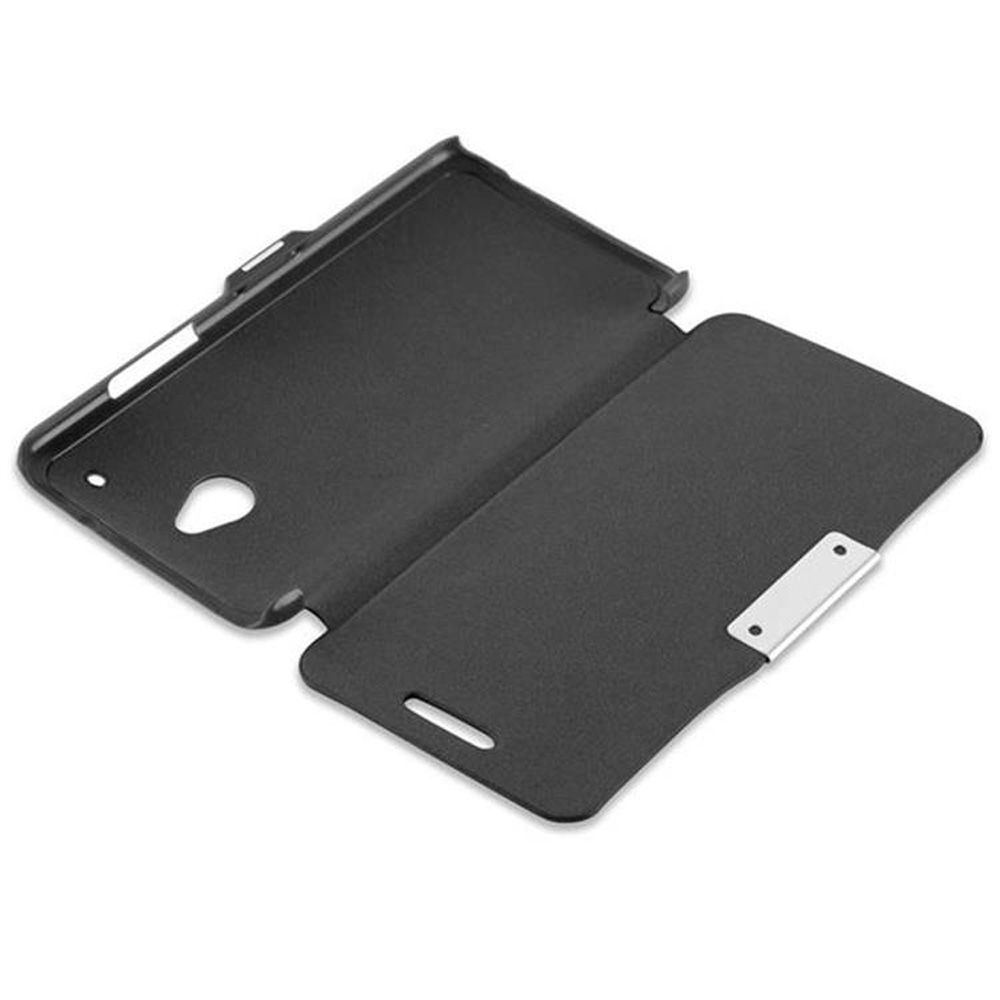Schwarze Handyhülle, geöffnet, mit Ausschnitten für Kamera und Tasten.