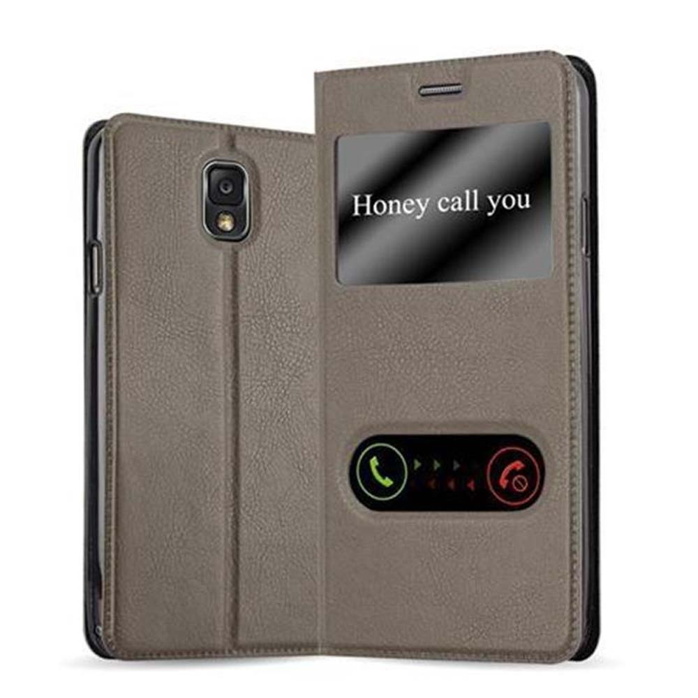Funda gris tipo libro para móvil con apertura de cámara e iconos de llamada.