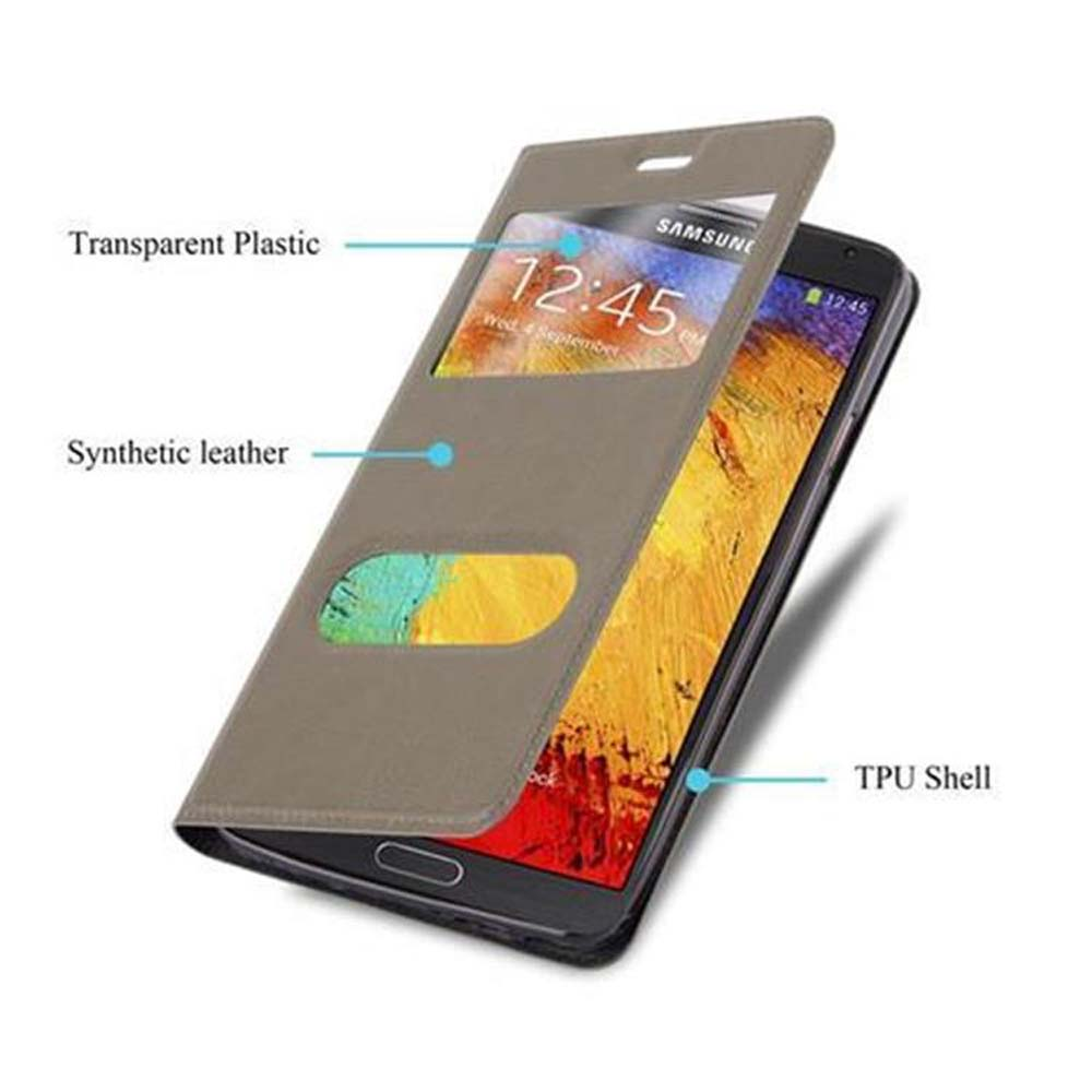 Funda de teléfono de cuero sintético marrón con ventana transparente que muestra la pantalla.