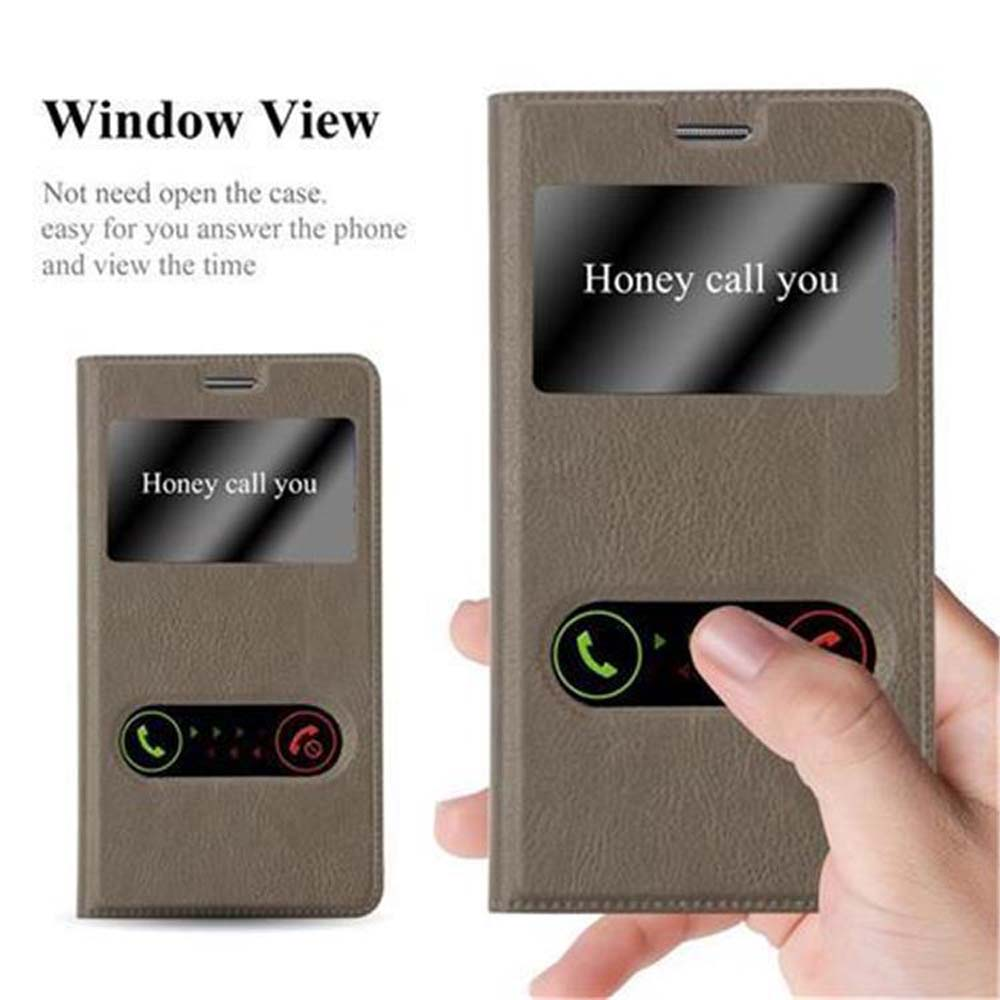 Funda de teléfono marrón con ventana, muestra llamada entrante 'Honey call you'.