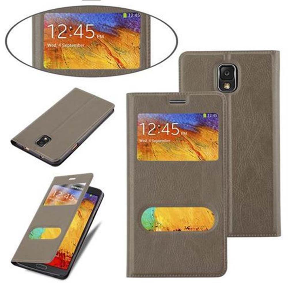 Funda de teléfono marrón abierta mostrando pantalla con 12:45 PM.