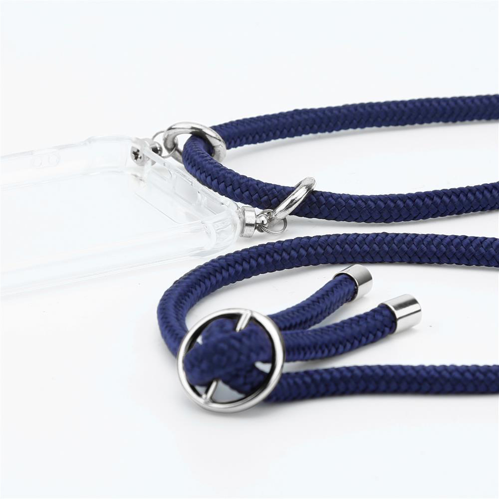 Custodia trasparente per telefono con cordino blu navy e dettagli argento.