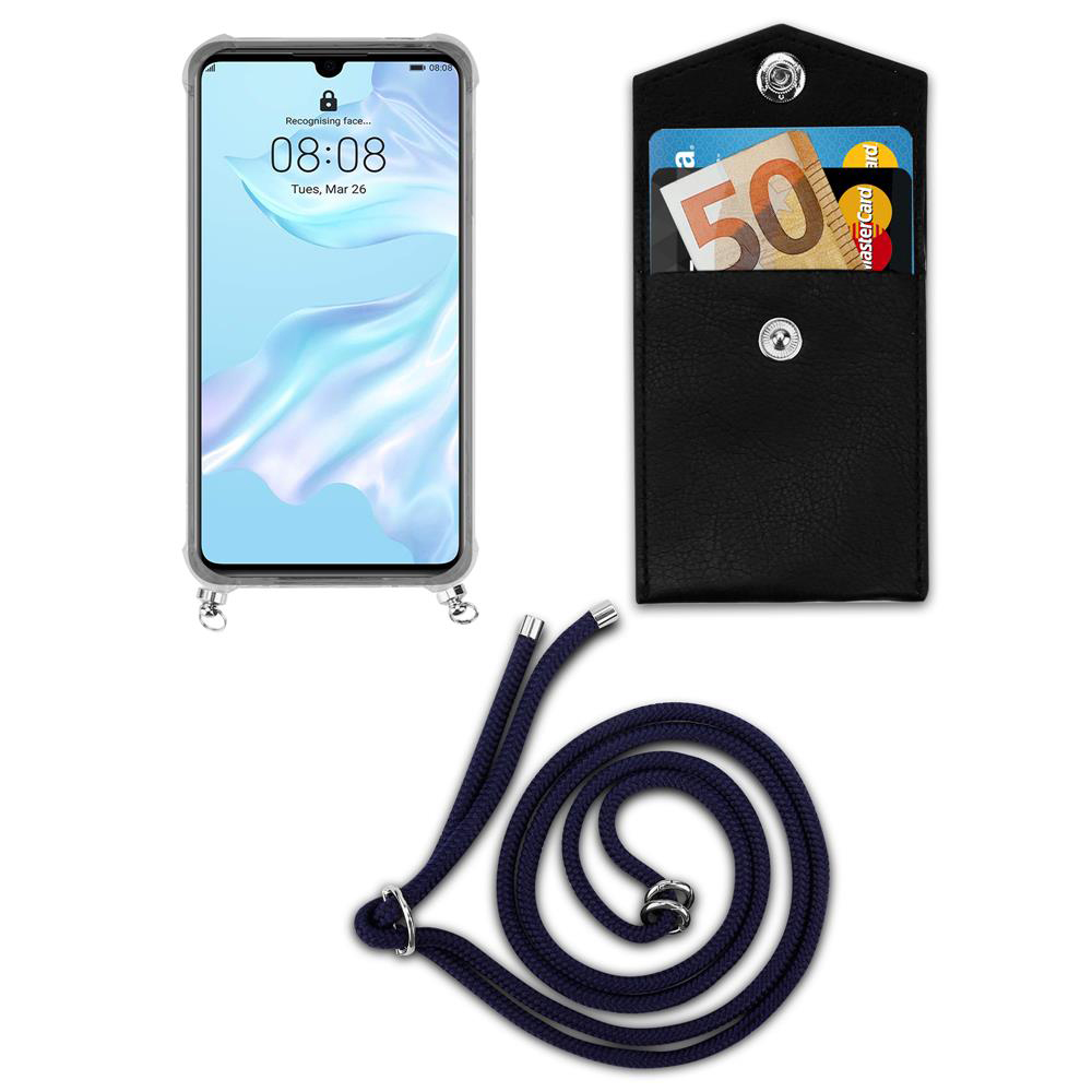 Uno smartphone, una custodia nera con soldi e carta, e un cordino blu.