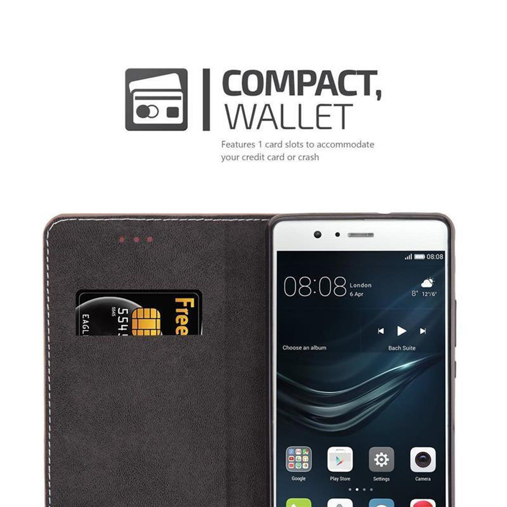Eine schwarze Brieftaschenhülle zeigt eine Karte und ein Smartphone mit Uhrzeit und Wetter.
