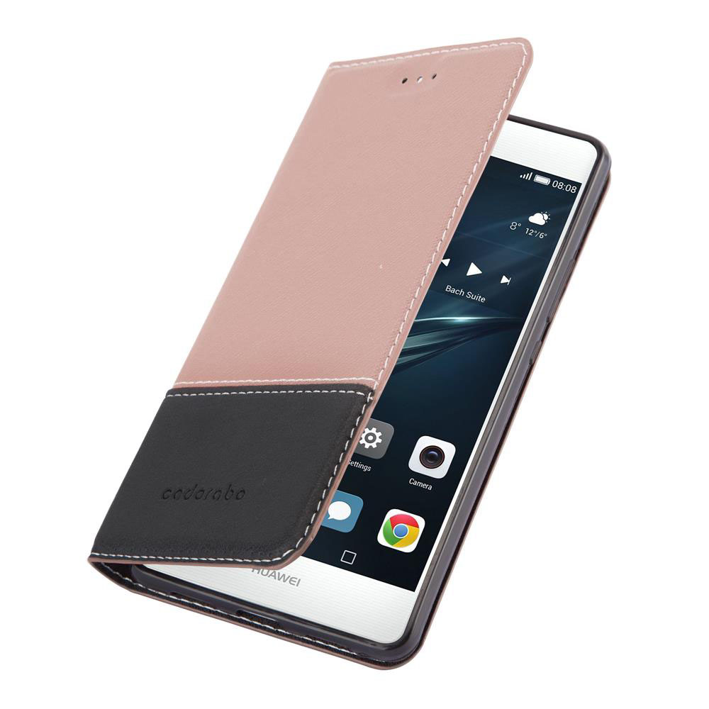 Ein rosafarbenes und schwarzes Handycover mit einem Huawei Smartphone.