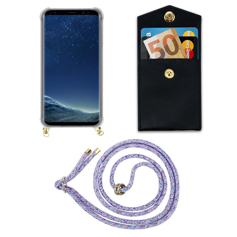Smartphone con custodia, portafoglio con soldi e carta, laccio.