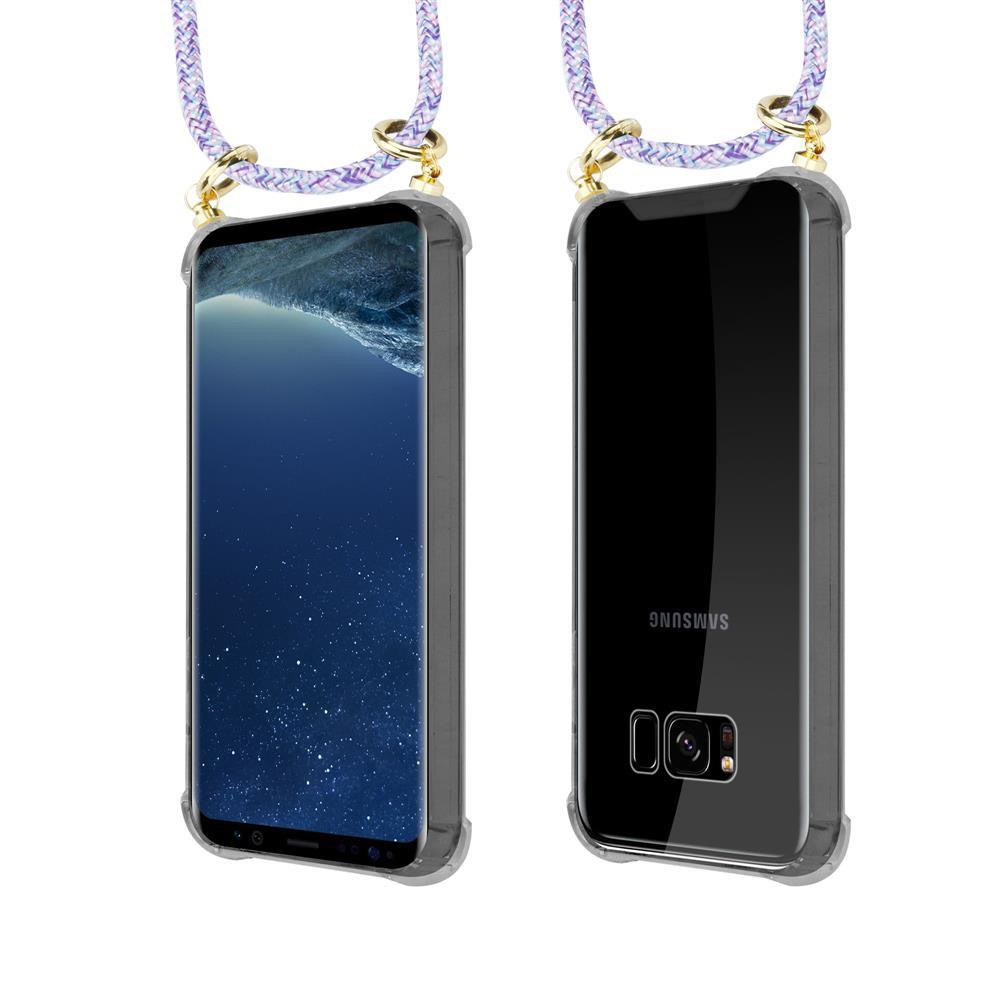 Due telefoni Samsung in custodie trasparenti con laccetti.