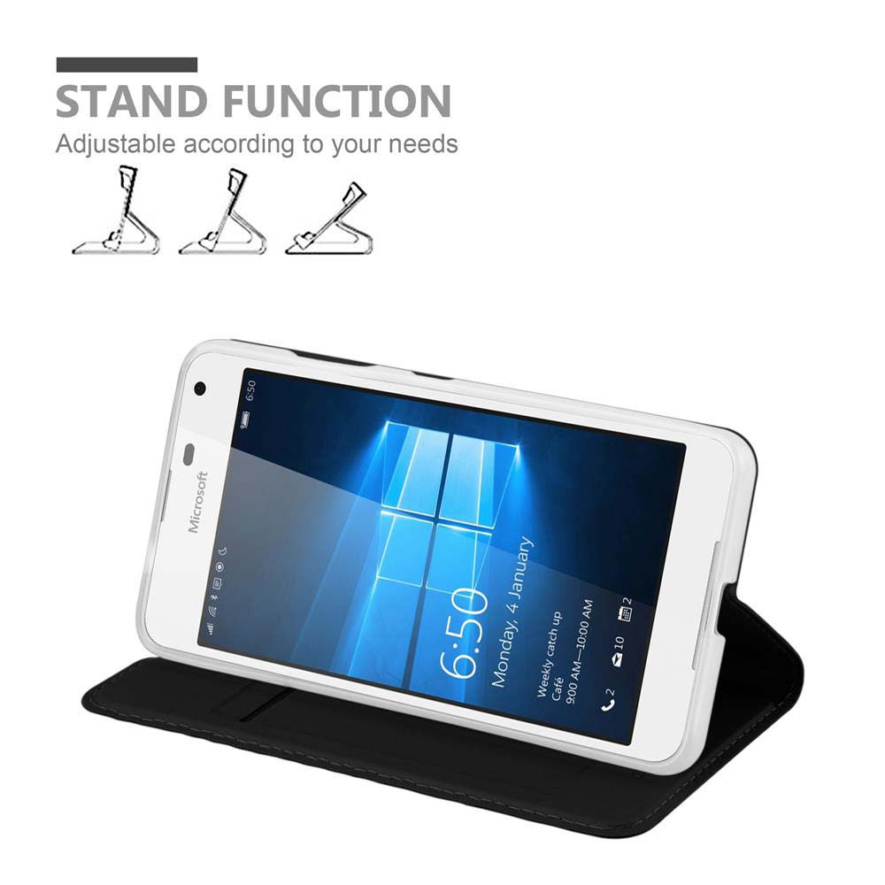 Uno smartphone in una custodia nera con icone di funzione stand sopra.