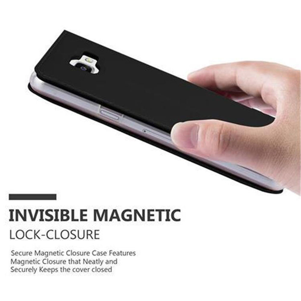 Custodia nera per telefono con chiusura magnetica tenuta da una mano.