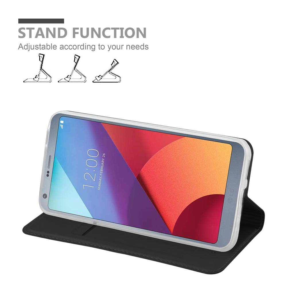 Uno smartphone in una custodia nera con tre opzioni di supporto sopra.