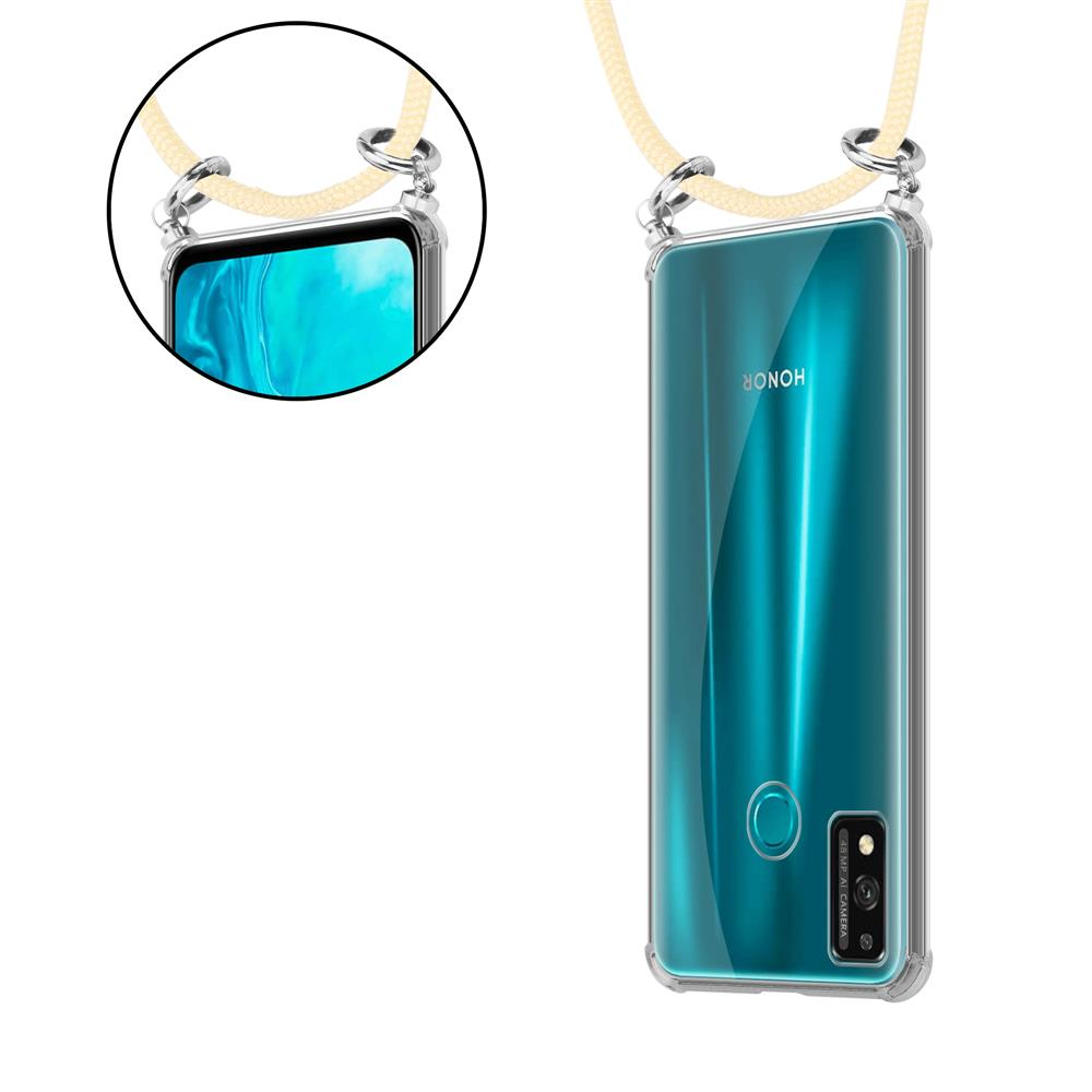 Uno smartphone in una custodia trasparente con un laccetto attaccato in alto.