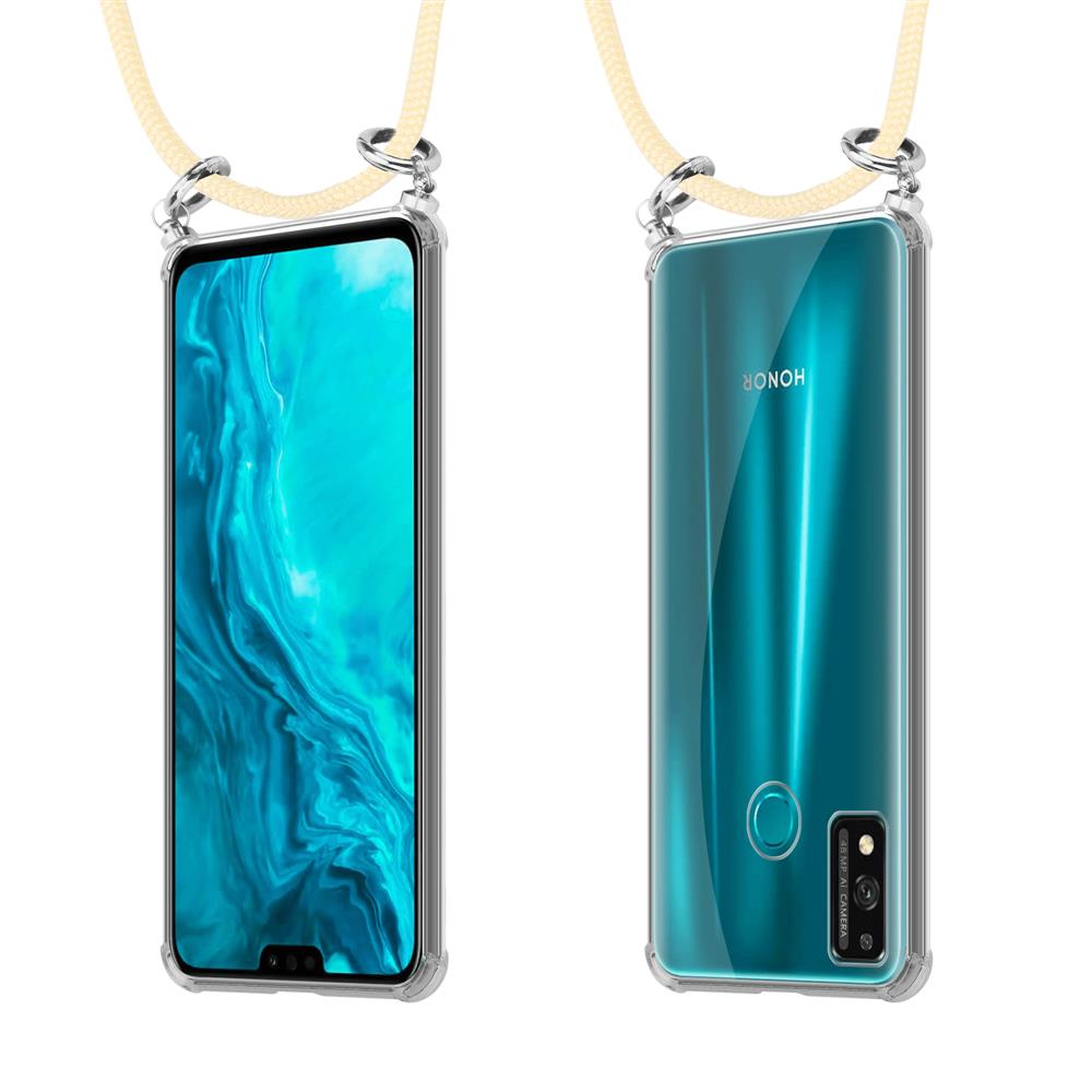 Una cover trasparente per telefono con cinturino, viste frontale e posteriore.