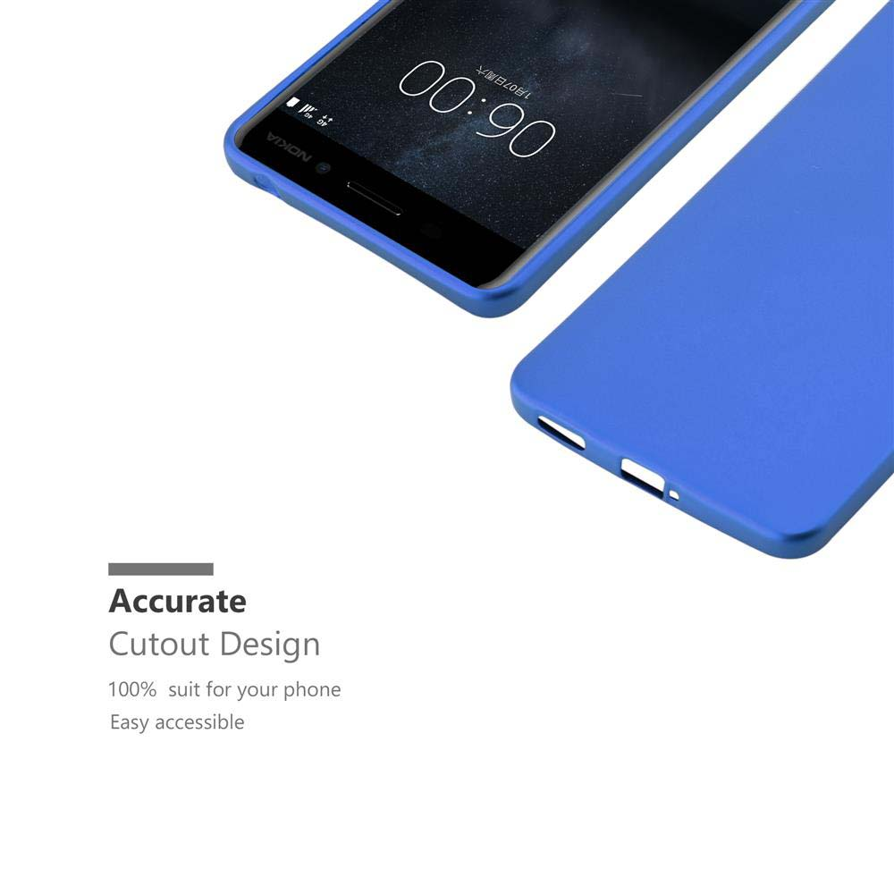 Telefono blu con custodia, ora 06:00. Testo: Design con ritaglio preciso.