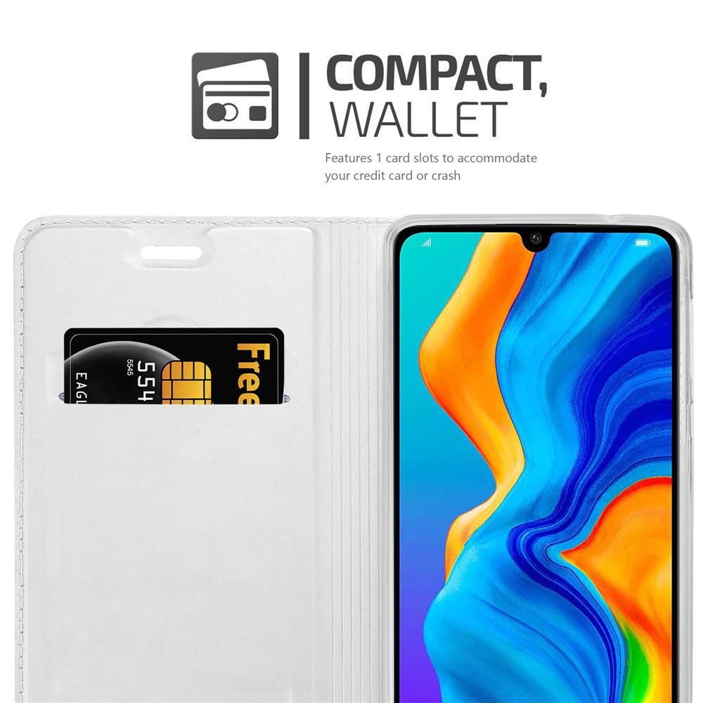 Custodia a portafoglio bianca con uno slot per carte che mostra una carta, accanto a uno smartphone.