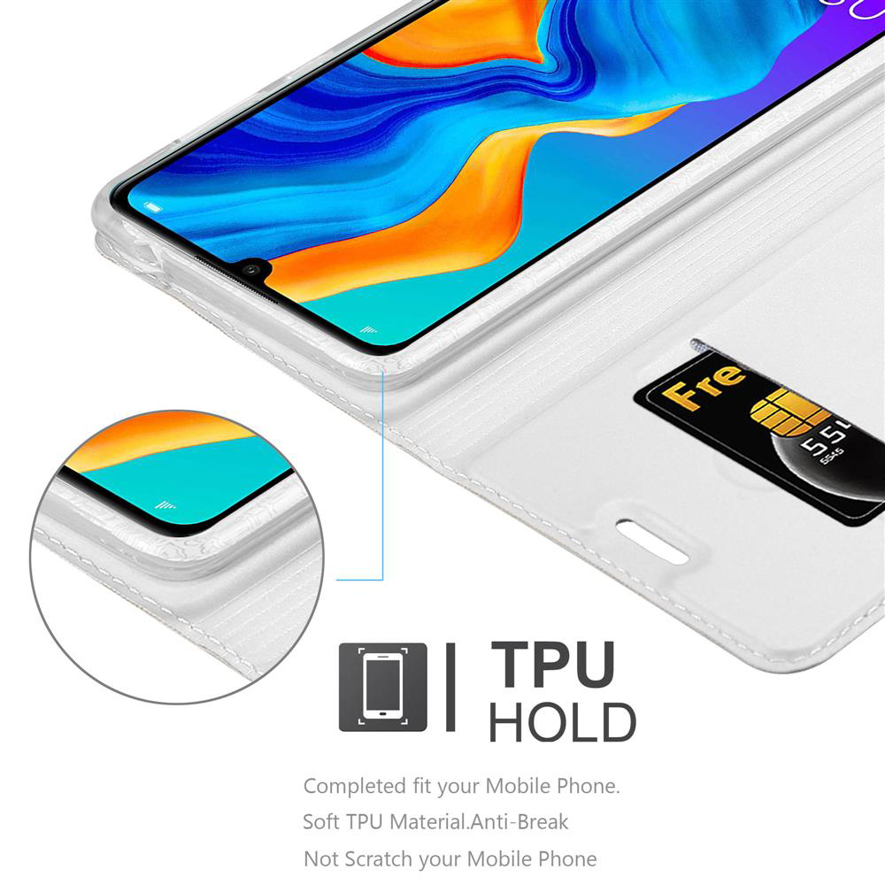 Uno smartphone in custodia bianca, mostra uno schermo vivace e un porta SIM.