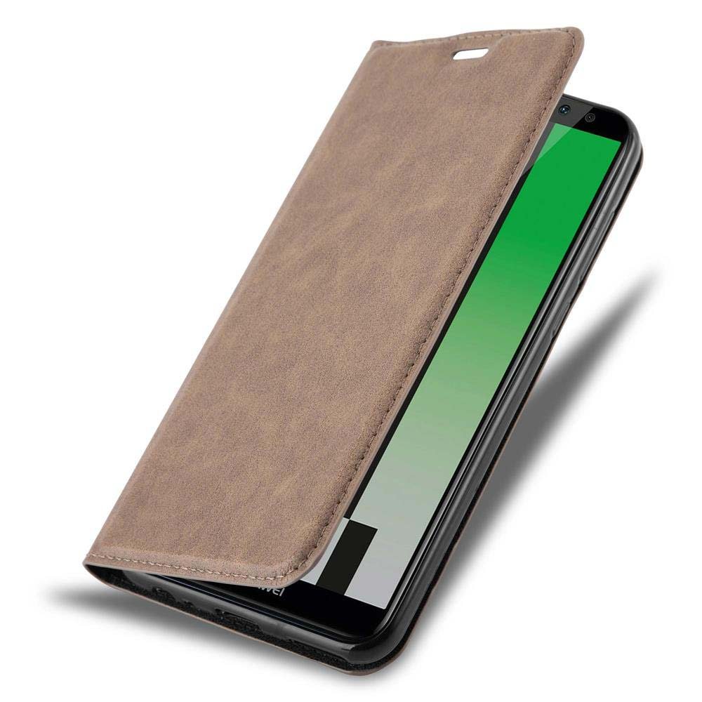 Braune Handyhülle mit offenem Klappdeckel, die ein Smartphone mit grünem Bildschirm zeigt.
