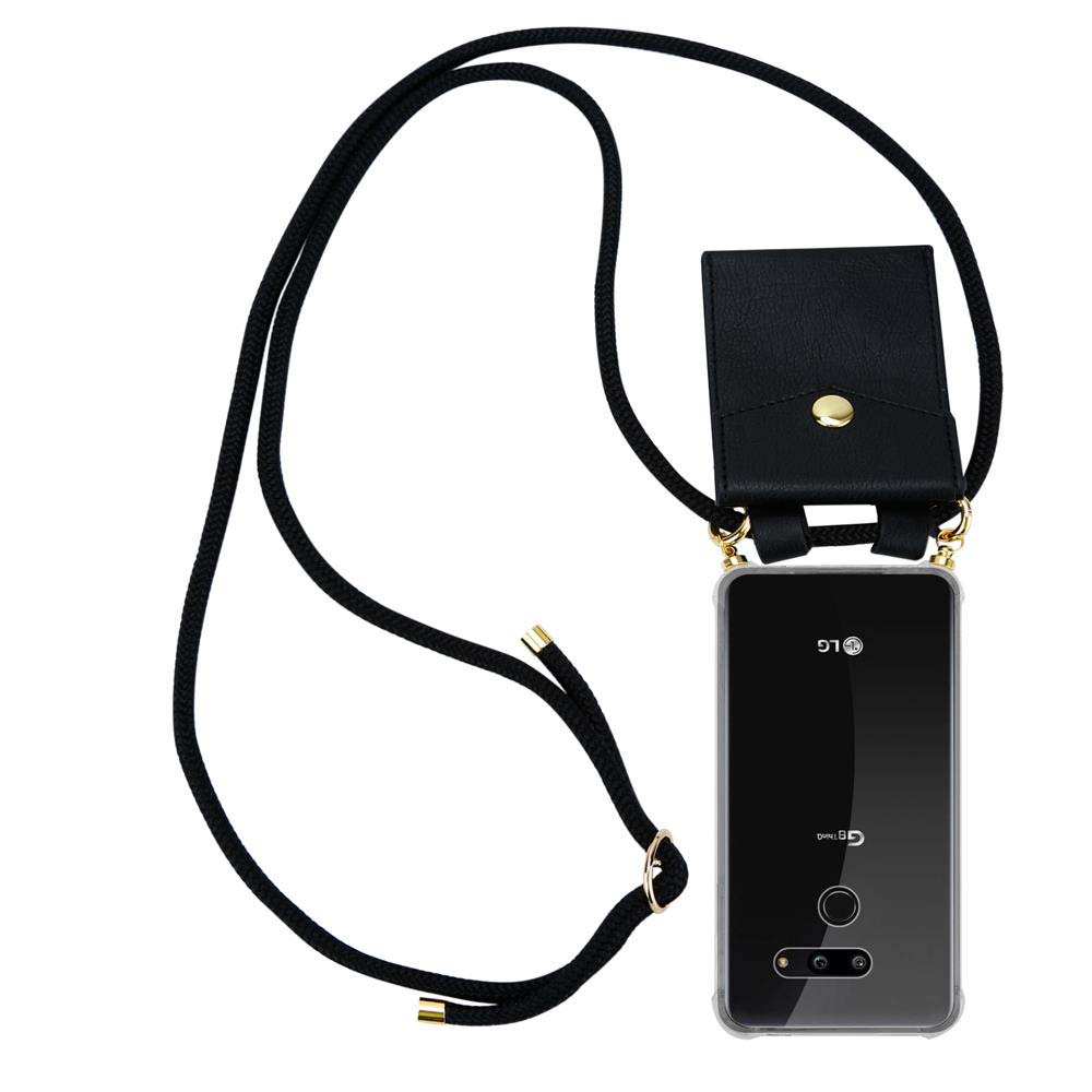 Schwarzes Lanyard mit kleiner Tasche und transparentem LG-Handy.