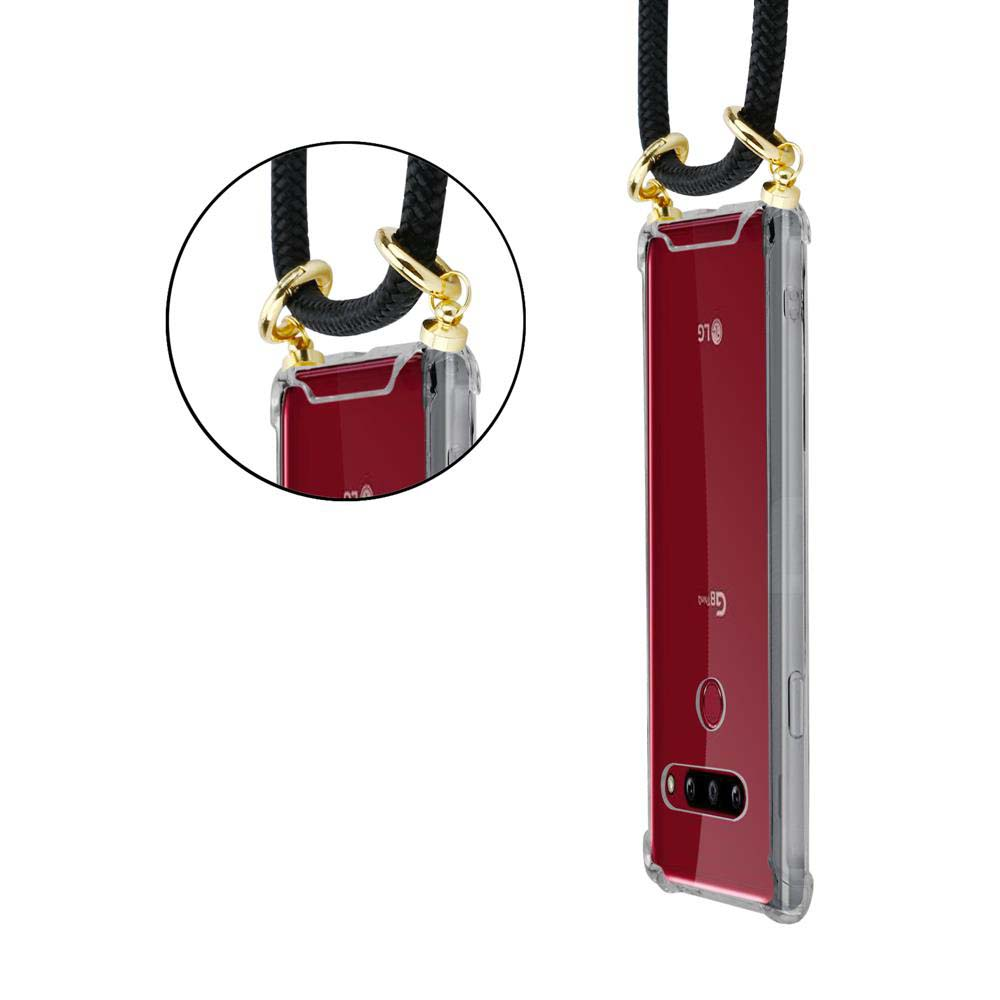 Ein rotes LG-Smartphone in einer transparenten Hülle mit Lanyard.